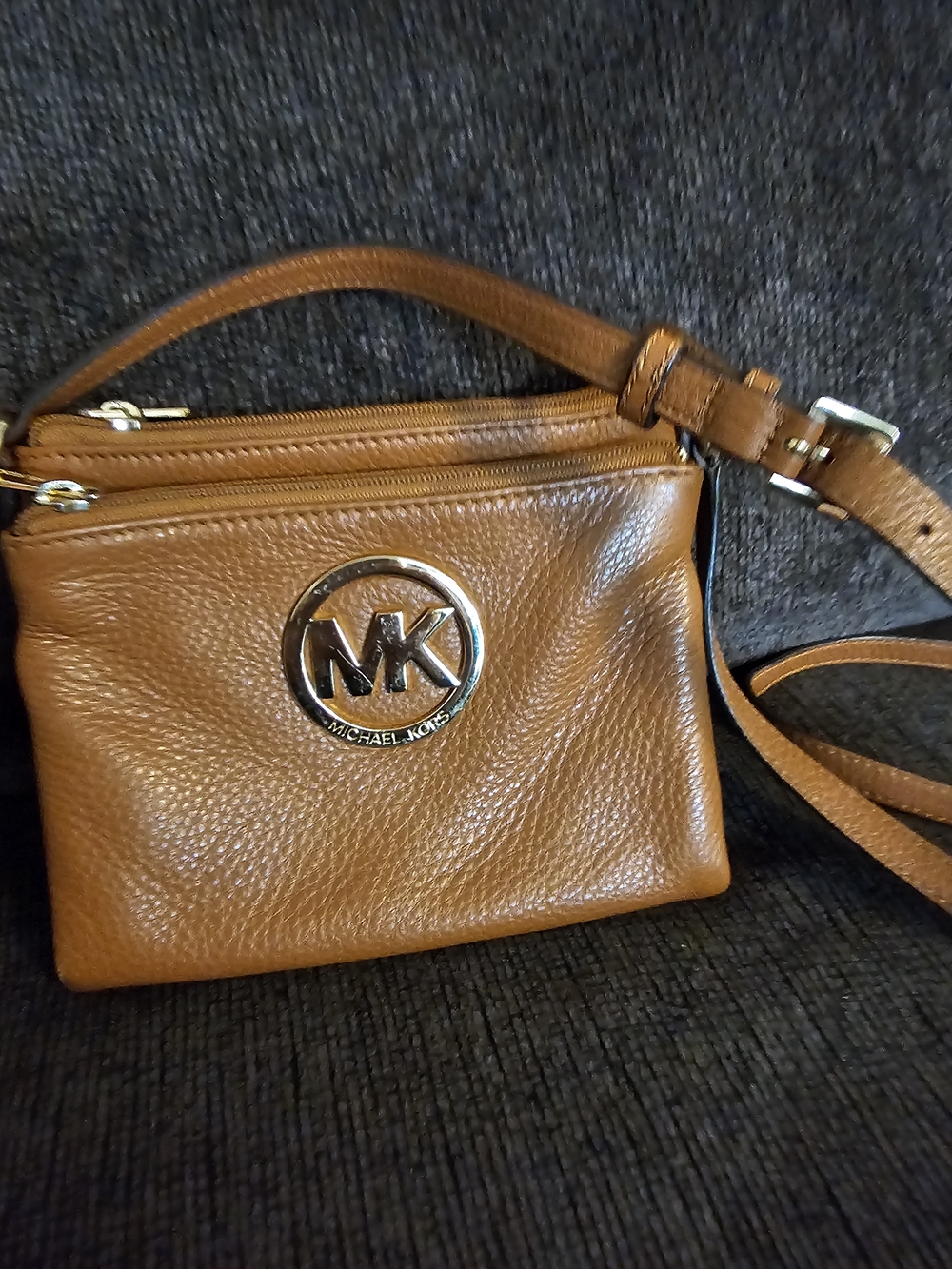 Michael Kors Cognac Pebbled Leather MK Logo Crossbody